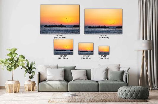 Half Moon Bay Sunset Print: Pelicans Over 3 Rocks Beach - Coastal Art