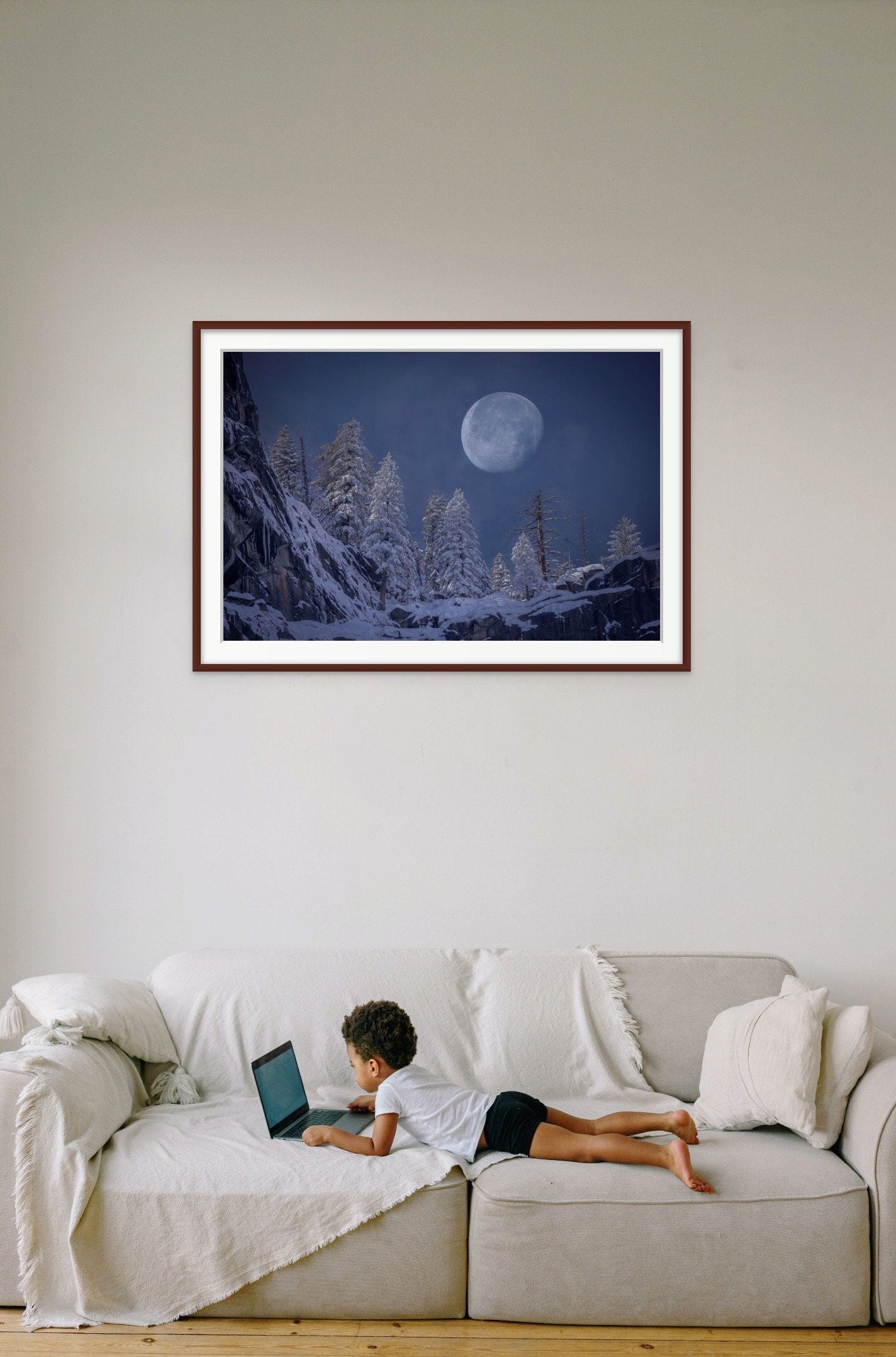 Yosemite Snowy Moon Fine Art Photography, Mountain Print Wall Art, California Moonrise, National Park Poster, Travel Photo, Nature Photo