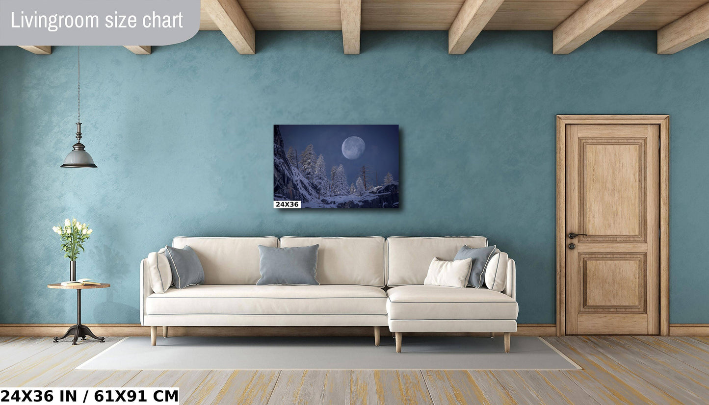 Yosemite Snowy Moon Fine Art Photography, Mountain Print Wall Art, California Moonrise, National Park Poster, Travel Photo, Nature Photo