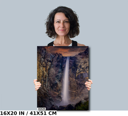Yosemite Bridalveil Falls Winter, Waterfall Print Wall Art, Glowing California Sunset Photo Print, National Park Print | Home, Office Decor