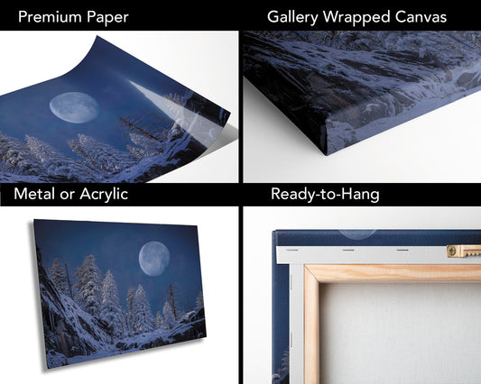 Yosemite Snowy Moon Fine Art Photography, Mountain Print Wall Art, California Moonrise, National Park Poster, Travel Photo, Nature Photo