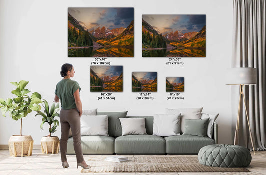 Colorado's Iconic Maroon Bells Fine Art Photo | Rocky Mountain Sunrise Fall Colors | Canvas Wall Art | Travel Picture paper, acrylic, metal