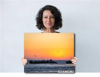 Half Moon Bay Sunset Print: Pelicans Over 3 Rocks Beach - Coastal Art