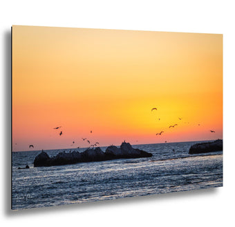 compare product Half Moon Bay Sunset Print: Pelicans Over 3 Rocks Beach - Coastal Art