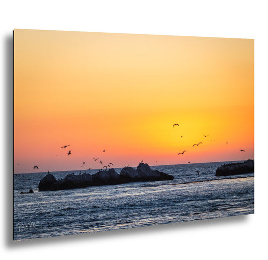 Half Moon Bay Sunset Print: Pelicans Over 3 Rocks Beach - Coastal Art