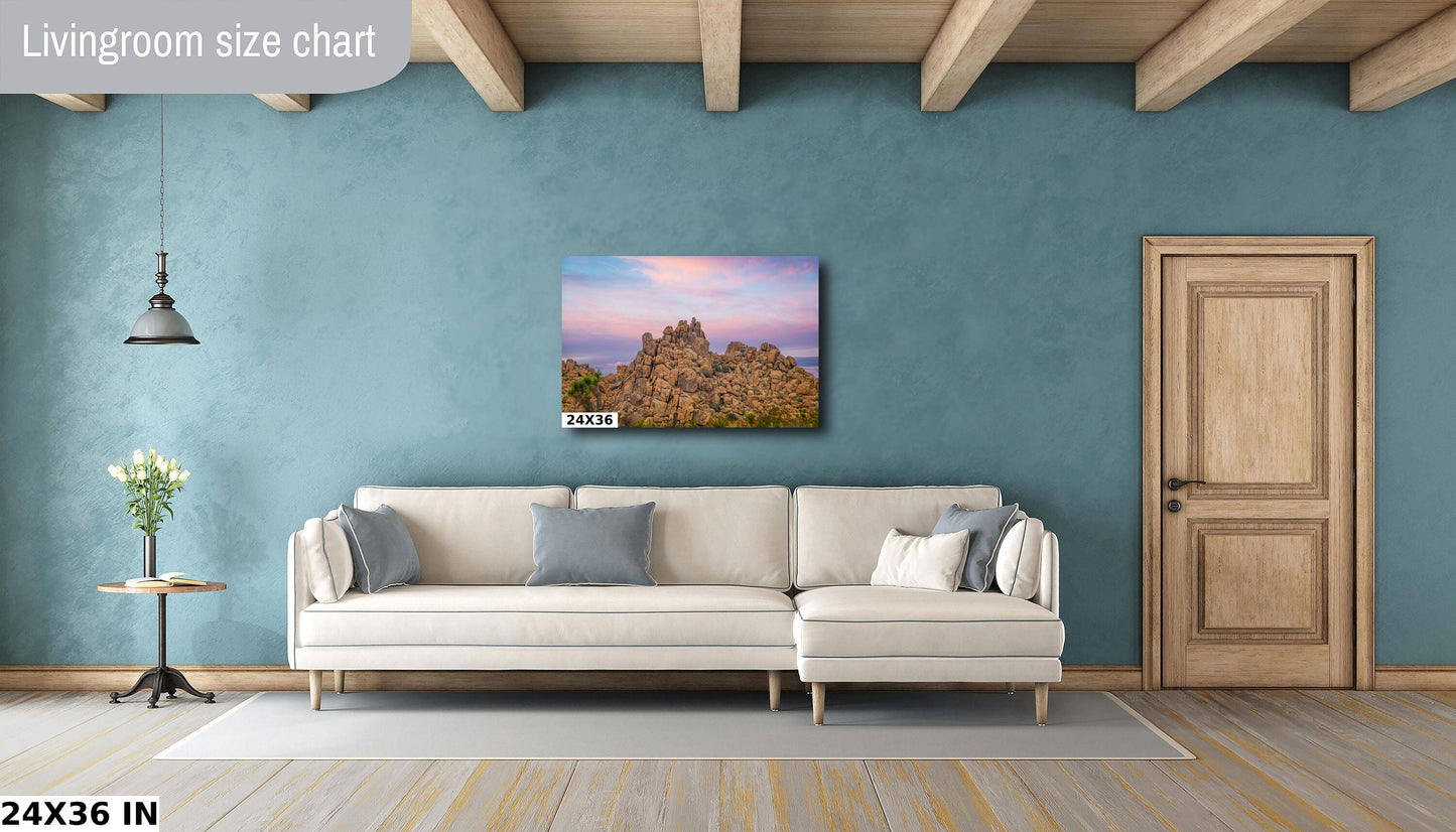 Joshua Tree Desert Sunrise. California National Park Pastel Landscape, Iconic Rocks Canvas Wall Art, Fine Art Photography home, office decor