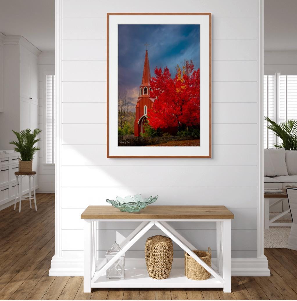 California Gold Country Iconic Red Church Fine Art Photo | Historical Landmark Picture | Fall Colors | Canvas, Metal, Acrylic Wall Art