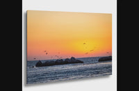 Half Moon Bay Sunset Print: Pelicans Over 3 Rocks Beach - Coastal Art
